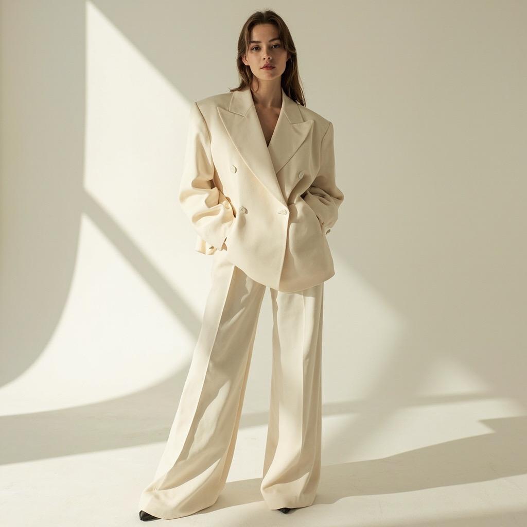 Women’s cream oversized blazer and wide-leg pants suit set – ShopByAli minimalist studio shoot.