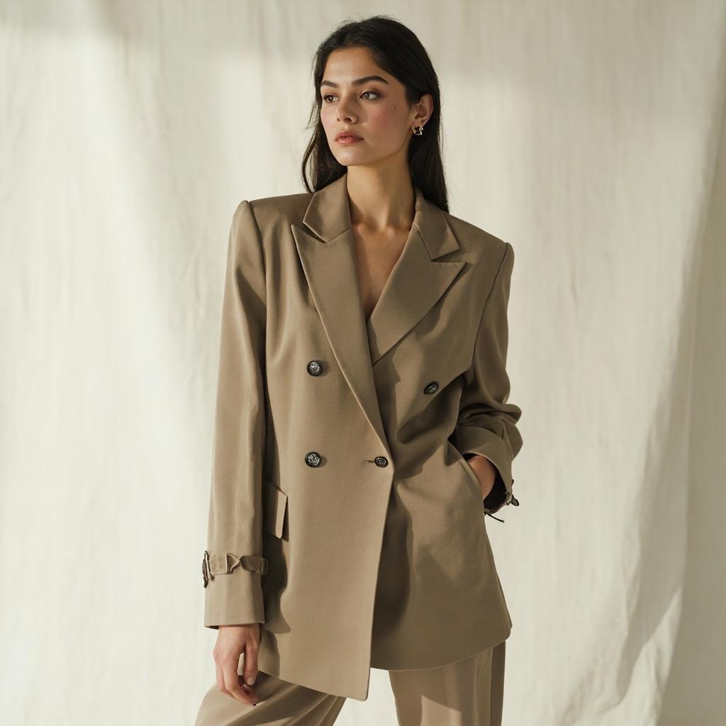 Brown long jacket worn by a female model in a studio fashion shoot, ShopByAli women’s jackets collection.