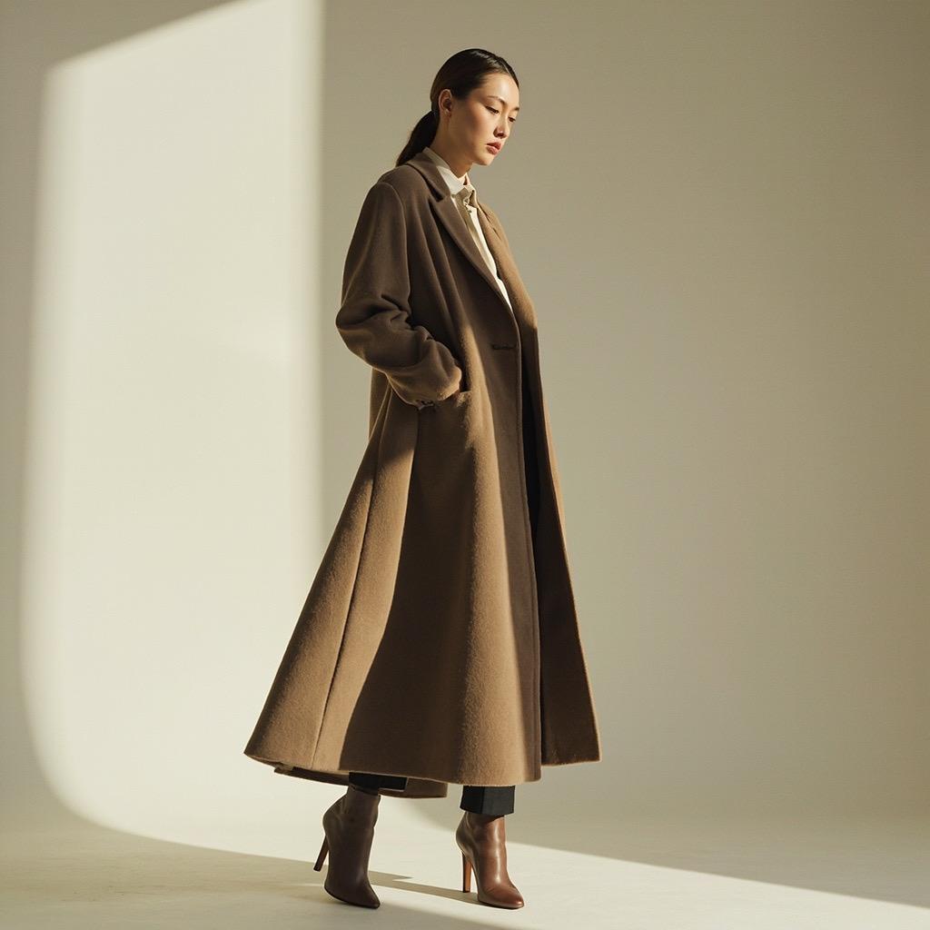 Brown long overcoat worn by a female model, studio fashion shoot for ShopByAli women's outerwear collection.