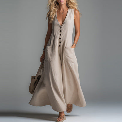 Spring Summer Patch Pocket Deep V Plunge neck Solid Color Casual Dress