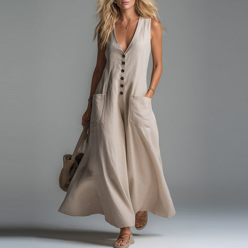 Spring Summer Patch Pocket Deep V Plunge neck Solid Color Casual Dress